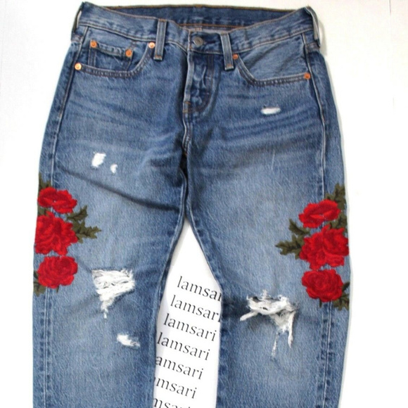 Levi's 501 Floral Embroidered Distressed Ripped Taper Cropped Button Fly Jeans - Picture 4 of 8